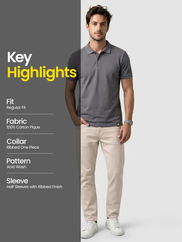 Grey Acid Wash Polo T-shirt